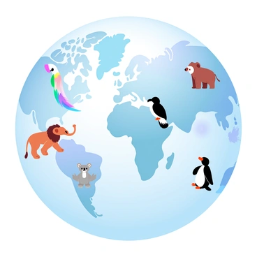 A globe depicting the world with various animals placed on their respective continents. On the continent of Africa, there is a lion and an elephant. In South America, a colorful parrot and a sloth are illustrated. North America features a bear and an eagle. Australia showcases a kangaroo and a koala. In Asia, there is a panda and a tiger. Antarctica is represented by a penguin. The globe is covered in vibrant colors with detailed textures indicating the land and ocean. Each animal is vividly colored to represent its natural habitat.