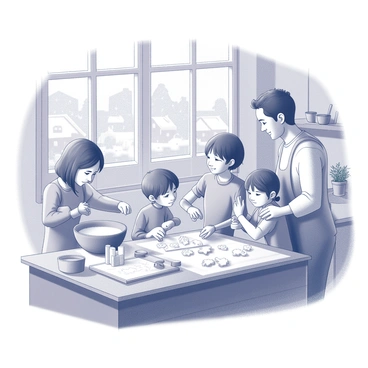 A family of four is engaged in baking cookies in a cozy kitchen. The mother is mixing ingredients in a large bowl while the father rolls out the dough on the countertop. Two children, a boy and a girl, are helping by placing cookie cutters into the dough. There is a wooden table filled with flour, measuring cups, and a tray lined with parchment paper for the cookies. The kitchen is warm and inviting, decorated with subtle details like hanging pots and herbs by the window. Through the window, a snowy village is visible, with houses blanketed in white snow and snowflakes gently falling from the gray sky. The scene conveys a sense of warmth and togetherness amidst the winter landscape outside.