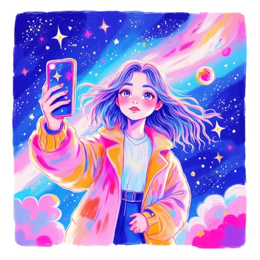 A person is taking a selfie with a smartphone held at arm's length. The background features a cosmic-themed landscape filled with vibrant stars and swirling nebulas. The person's hair floats as if in zero gravity, and their expression is one of wonder. Around them are shining constellations and colorful celestial bodies. The colors include deep blues, purples, and twinkling whites that create a sense of depth and mystery.