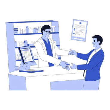 A pharmacist is standing behind a pharmacy counter, handing over a small bag of medication to a customer. The pharmacist is wearing a white lab coat and has glasses perched on their nose. The customer, a middle-aged individual, is reaching out to receive the bag with a polite smile. Behind the counter, shelves are filled with various medication bottles and boxes. There is a computer terminal on the counter, displaying patient information. In the background, a poster with health information is visible on the wall.