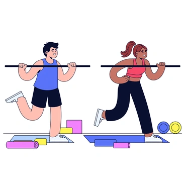 A couple performing chest dips side by side in a gym setting. Each person is using parallel bars for the exercise. The man has short black hair and is wearing a blue tank top with black shorts. The woman has long brown hair tied in a ponytail, and she is dressed in a red sports bra and black leggings. They are both focused and maintaining a straight posture as they push themselves up and down. Behind them, there are gym equipment and colorful exercise mats on the floor.