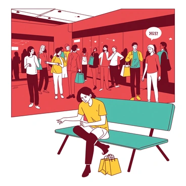 A red shopping mall is filled with a crowd of friends chatting and laughing, each carrying colorful shopping bags. The friends are engaged in animated conversations, with some pointing towards various stores. In the foreground, a single person sits alone on a teal bench, looking down with a pensive expression. This individual is dressed in a casual outfit and has a small bag beside them, contrasting with the lively atmosphere surrounding them. Bright lights from the mall illuminate the scene, highlighting the bustling energy of the shoppers.