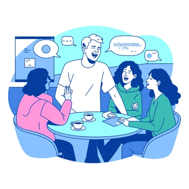 A blue café scene with several friends gathered around a round table, enjoying their time together. In the center, a tall figure resembling Haaland, with short blond hair, is animatedly laughing. He is wearing a casual white t-shirt. The friends around him are diverse, with one person sporting a pink jacket and another in a teal hoodie, all engaged in cheerful conversation. On the table, there are cups of coffee and pastries displayed, adding to the lively atmosphere of the café.