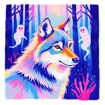 A detailed wolf head is prominently featured in the foreground, showcasing its piercing eyes and thick fur, with shades of grey and white. The wolf's ears are alert, standing tall against the backdrop. In the background, ghostly apparitions emerge from the shadows of a dark, dense wood filled with tall, looming trees. The eerie figures are semi-transparent, with wispy edges, blending into the dark tones of the forest. The atmosphere is thick with mystery, as faint glimmers of light filter through the trees, illuminating parts of the wolf's face.
