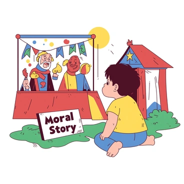 A young child with bright eyes is sitting on a grassy patch, gazing intently at a colorful puppet show in front of them. The puppets are vibrant and expressive, depicting various characters in a lively scene. One puppet is dressed as a wise old man, while another represents a mischievous child. The stage is adorned with cheerful designs and colorful banners. Nearby, there is a small wooden sign that reads "Moral Story" in bold letters. The sun is shining down, creating a warm atmosphere as the child leans forward, completely captivated by the performance.