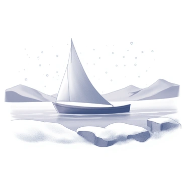 A sail barge navigates through a snowy landscape. The barge has a large, billowing sail that catches the wind as it glides across a blanket of soft, white snow. Snowflakes are falling gently from the overcast sky, creating a serene atmosphere. In the background, snow-covered hills rise, their slopes smooth and undisturbed. The foreground features various snowdrifts, subtly shaped by the wind, adding texture to the scene. The overall composition emphasizes the tranquil journey of the barge through the wintery terrain.
