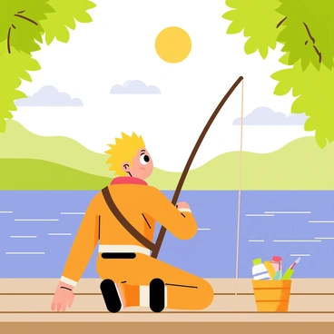 A young ninja with spiky blonde hair, wearing an orange jumpsuit, sits on a wooden dock by a calm blue lake. He holds a fishing rod, gazing at the water with a focused expression. The sun shines brightly overhead, casting light reflections on the lake's surface. Lush green trees frame the scene, with a few fluffy clouds floating in the clear sky. Nearby, a small wooden bucket sits filled with fishing supplies. The atmosphere is tranquil, emphasizing the peacefulness of a summer day.