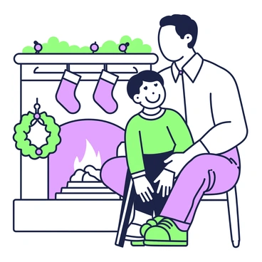 A young boy named Tiny Tim is sitting on the lap of a man who is Bob Cratchit. Tiny Tim is smiling warmly, his face filled with joy. He has a crutch resting beside him, showcasing his resilience. Bob Cratchit is wearing a simple shirt and trousers, looking lovingly at Tiny Tim. Behind them, a fireplace with a flickering flame provides warmth, while stockings hang above it. A festive holiday wreath is visible on the wall nearby, adding to the cozy atmosphere of the scene.