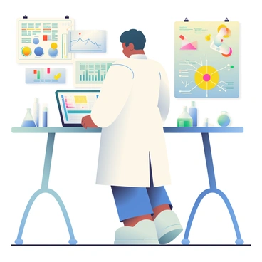 A scientist with medium skin and short black hair is standing in a laboratory, wearing a white lab coat. He is focused on a laptop that is open in front of him, showing graphs and data related to nuclear fission. Surrounding him are colorful charts pinned to the walls, detailing various aspects of nuclear reactions. On the table, there are several 3D models representing atomic structures and fission processes. The lab is brightly lit, with equipment like beakers and test tubes neatly arranged in the background.