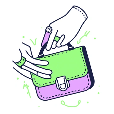 A close-up of a hand gently holding a luxurious designer handbag. The handbag features intricate details such as embossed patterns and stitches. The hand is adorned with rings and has perfectly manicured nails. The background is softly blurred to keep the focus on the hand and the handbag, emphasizing the elegance and design of the accessory. The clasp of the handbag is prominently displayed, showcasing its unique shape and shiny finish.