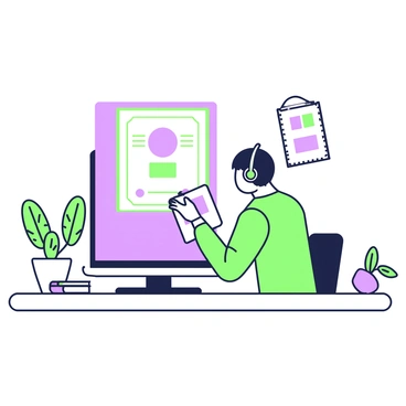 An artist at a computer designing a colorful digital illustration certificate with various graphics.