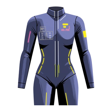 A futuristic garment designed with sleek, form-fitting lines made from shiny metallic fabric. The garment incorporates illuminated digital patterns that change color, creating a dynamic visual effect. It features integrated smart technology such as small glowing screens displaying various data, and circuit-like designs running along the seams. The collar is high and structured, while the sleeves are slightly tapered, giving a modern silhouette. There are pockets with transparent panels that hint at advanced materials inside. The overall look combines innovation with an avant-garde aesthetic, showcasing the potential of high-tech fashion.