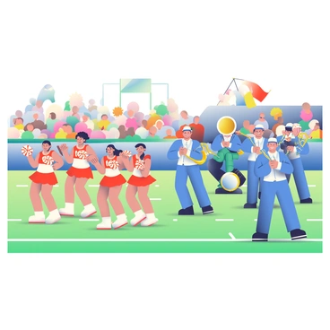 A vibrant halftime performance is taking place on a sports field. A group of cheerleaders with pom-poms are performing energetic dance routines, wearing bright red and white uniforms. Their smiles are wide and their movements are synchronized. Nearby, a marching band in crisp blue uniforms is playing lively music, with brass instruments glinting in the sunlight. Drummers are keeping a steady beat, and there are colorful flags being waved in the background, adding to the excitement of the scene. Spectators in the stands are cheering and waving banners, contributing to the festive atmosphere.