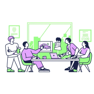 A group of five individuals is seated around a rectangular conference table in a modern office meeting room. In the center of the table, there are various documents and files related to a recent car accident case. One person, a man with glasses, is pointing at a diagram of a car accident on his laptop screen. Another person, a woman with long hair, is taking notes with a pen on a notepad. Two other men are engaged in the discussion, one crossing his arms and the other leaning forward, showing interest. A large window behind them lets in natural light, casting soft shadows across the room. On the walls, there are framed certificates and motivational posters. An empty coffee pot and several mugs are placed on a side table.