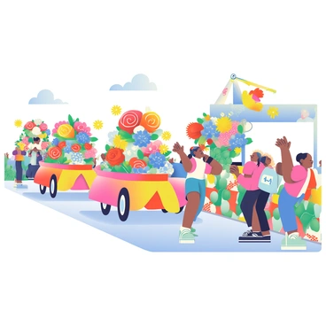 A vibrant flower parade is taking place, featuring several floats that are adorned with a variety of colorful blooms, including red roses, yellow daisies, and blue hydrangeas. Each float is elaborately decorated, showcasing intricate floral arrangements in a dazzling display. In the foreground, a crowd of people is gathered, cheering and waving. The lively crowd consists of individuals of diverse ages and backgrounds, wearing bright clothing and holding up colorful banners. The atmosphere is filled with excitement as the floats move gracefully down the street, captured in this lively celebration of flowers.