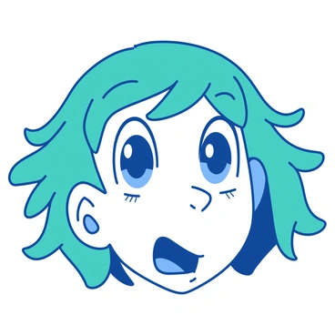 A duotone illustration features a character with large, expressive blue eyes that convey a sense of wonder. The character has a soft, rounded face with prominent cheekbones and a small nose. Their mouth is slightly open in a surprised expression, enhancing the overall emotion. The character has tousled teal hair that falls around their face in playful strands, adding to the dynamic look. The background is minimal, ensuring the focus remains on the character's facial features.