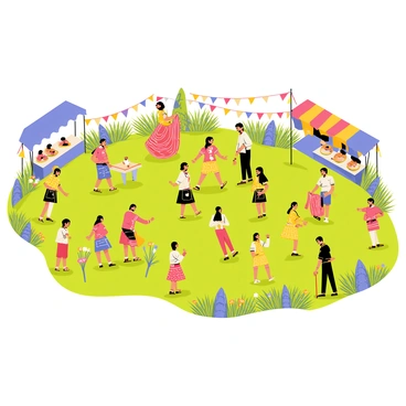 An outdoor cultural festival set in a vibrant park filled with green grass and colorful flowers. Groups of people are gathered, engaging in traditional dances. Dancers are wearing elaborate and colorful costumes featuring intricate patterns and bright colors like red, yellow, and blue. Some dancers are twirling gracefully while others are forming lines, showcasing their synchronized movements. Stalls are set up around the festival, displaying various cultural artifacts and foods. Colorful banners and flags are fluttering in the gentle breeze, adding to the festive atmosphere.