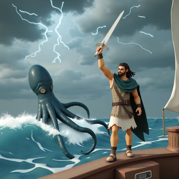 A muscular man named Ulysses, wearing a weathered leather armor and a tattered cape, stands firmly on the deck of a ship. His long hair and beard flow in the ocean breeze. He wielding a large, gleaming sword, raised high above his head, ready to strike. Below the ship, a massive squid with long, coiling tentacles emerges from the deep blue water. The squid's skin glistens, showcasing shades of dark green and blue, as it lunges toward the ship. Choppy waves crash against the hull, and a sense of urgency fills the atmosphere as Ulysses prepares to defend his vessel from the impending attack. The sky is a tumultuous mix of dark clouds and flashes of lightning, adding to the dramatic scene.