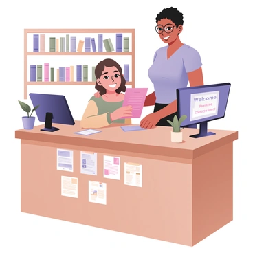 A librarian is standing behind a wooden counter, assisting a young girl in registering for her first library card. The librarian has medium skin and short black hair, wearing glasses and a light blue blouse. The young girl, with light skin and curly brown hair, is smiling widely as she holds a bright pink application form in her hands. The counter is adorned with various colorful bookmarks and informational pamphlets about library events. In the background, there are shelves filled with books of different sizes and colors. A potted plant sits on the counter next to a computer monitor, displaying a friendly welcome message. The atmosphere is warm and inviting, filled with the excitement of discovering books.
