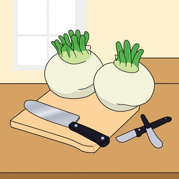 A still life arrangement on a wooden kitchen table. The composition includes two round, white fennel bulbs with green fronds sprouting from the top, placed next to a light-colored wooden cutting board. A shiny stainless steel kitchen knife with a black handle rests on the cutting board, while a smaller knife is positioned nearby. The background features soft, natural light illuminating the scene, highlighting the textures of the fennel and the cutting board.