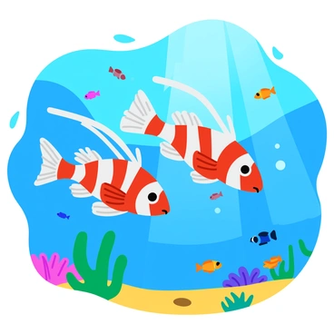 Two lionfish with vibrant red and white striped bodies are swimming side by side in a gentle marine current. Their long, flowing fins trail behind them gracefully as they navigate through clear, blue water. Surrounding them are small schools of colorful fish, adding splashes of color to the scene. Sunlight filters down from above, creating dappled patterns on the ocean floor, which is dotted with soft coral and seaweed.