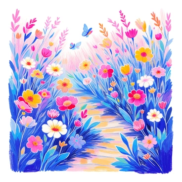 A garden filled with colorful flowers is flourishing in various shapes resembling gender symbols. The flowers include delicate petals in shades of pink, blue, yellow, and white, each symbol distinct and vibrantly colored. Surrounding the flowers, green foliage adds contrast, and a soft breeze gently sways the blooms. The garden is well-maintained, with a pathway made of stone leading through the arrangement, and small butterflies flutter among the flowers, enhancing the lively atmosphere.