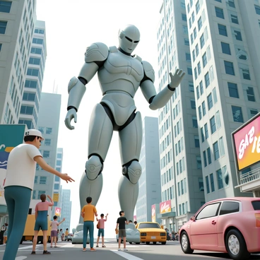 A massive modern Goliath, standing at least ten stories tall, is positioned at the center of a bustling city. The giant is wearing futuristic armor, which reflects sunlight, and has intricate designs visible on its surface. Skyscrapers surround the Goliath, with some windows shattered from its immense presence. The giant is reaching out to touch the edge of a nearby skyscraper, which appears minuscule in comparison. Below, people are looking up in awe and fear, some pointing while others are taking photos. The city is filled with cars and vibrant billboards that add energy to the scene.