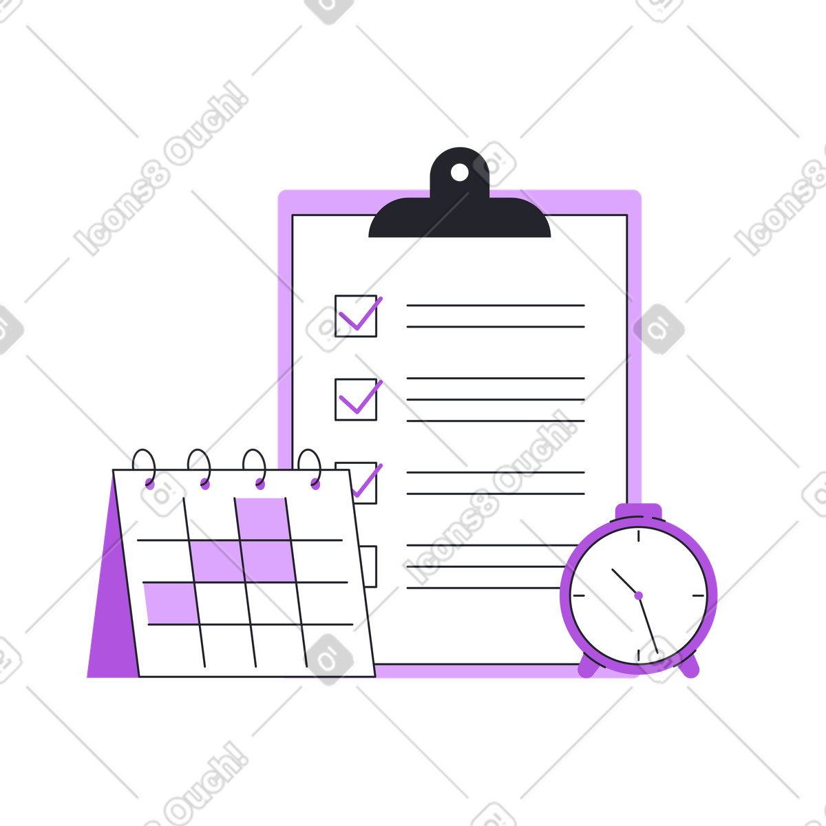 Illustration Calendrier, liste de contrôle et horloge pour la gestion du temps dans le style Grapy à télécharger aux formats PNG, SVG
