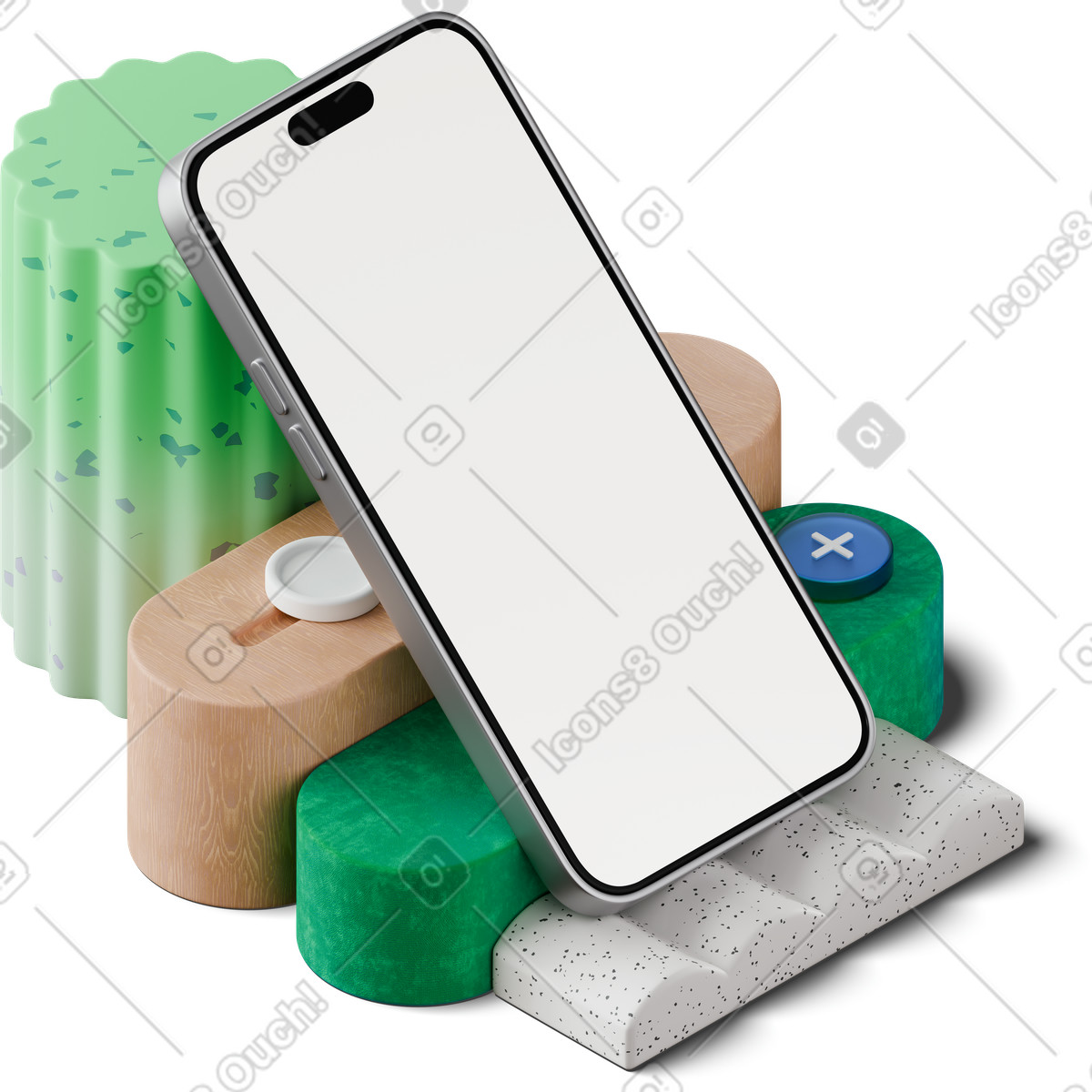 Isometric view of smartphone mockup based on abstract figures illustration in 3D Hygge style download in PNG, SVG