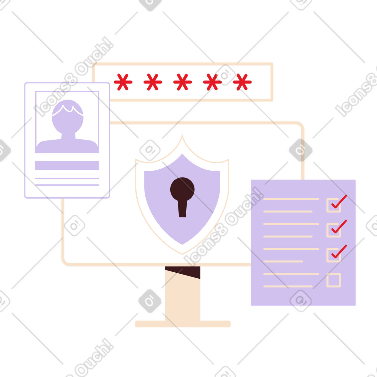 Folks スタイルの Monitor with shield, password and checklist, Cyber security data protection のイラストをPNG、SVG形式でダウンロード