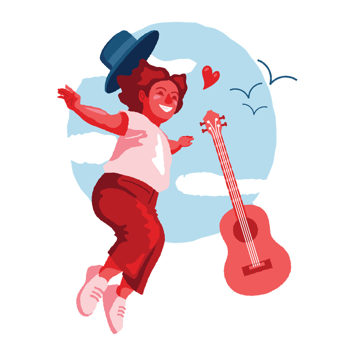 Cherry スタイルの Kid in hat jumping for joy and mini guitar のイラストをPNG、SVG形式でダウンロード