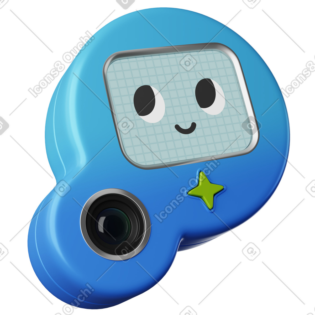 Ilustração de Dispositivo assistente câmera com rosto sorridente na tela e estrela verde em no estilo 3D Plastic para baixar em PNG, SVG
