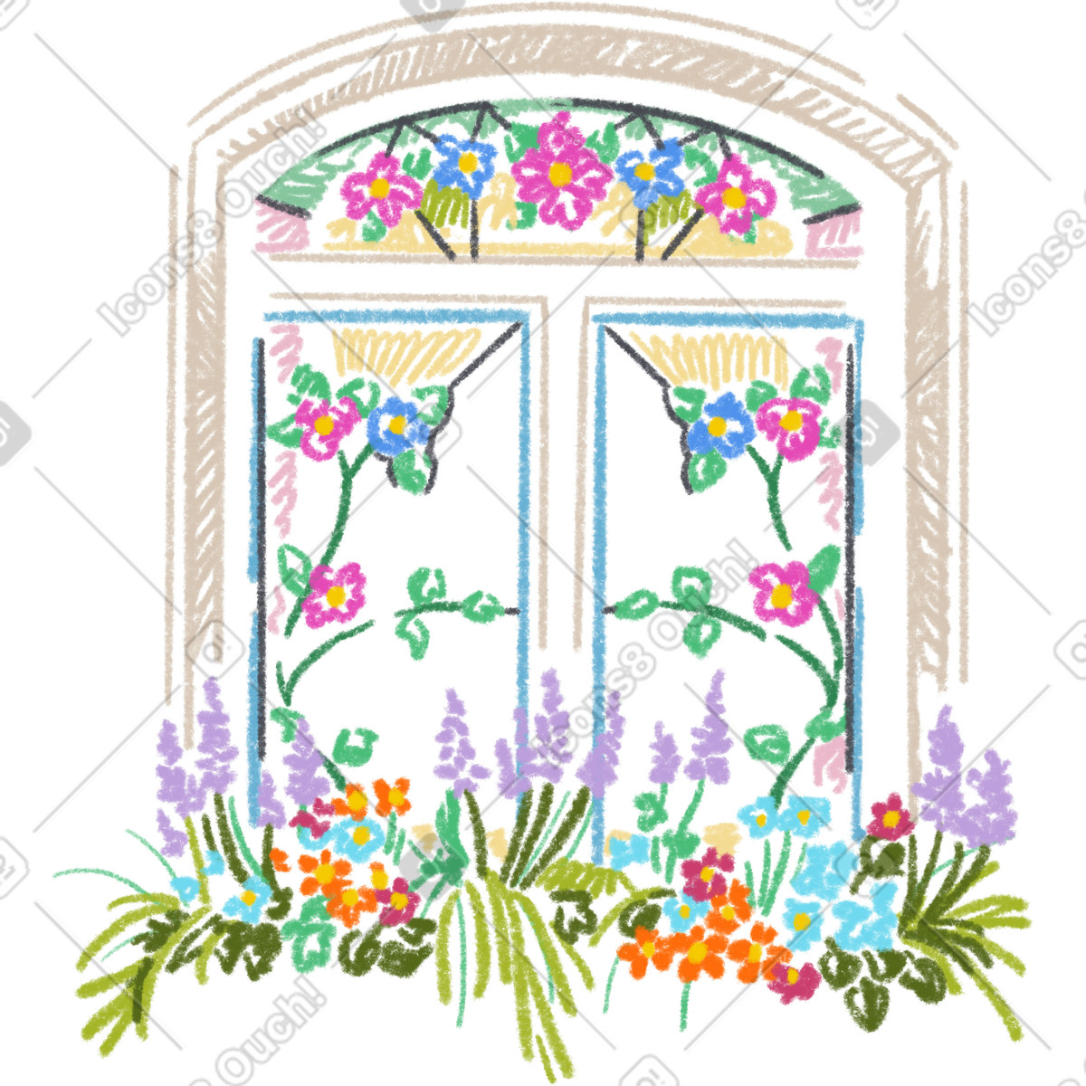 Stained glass window with a bed of flowers illustrazione in stile Sketchbook scarica in PNG, SVG