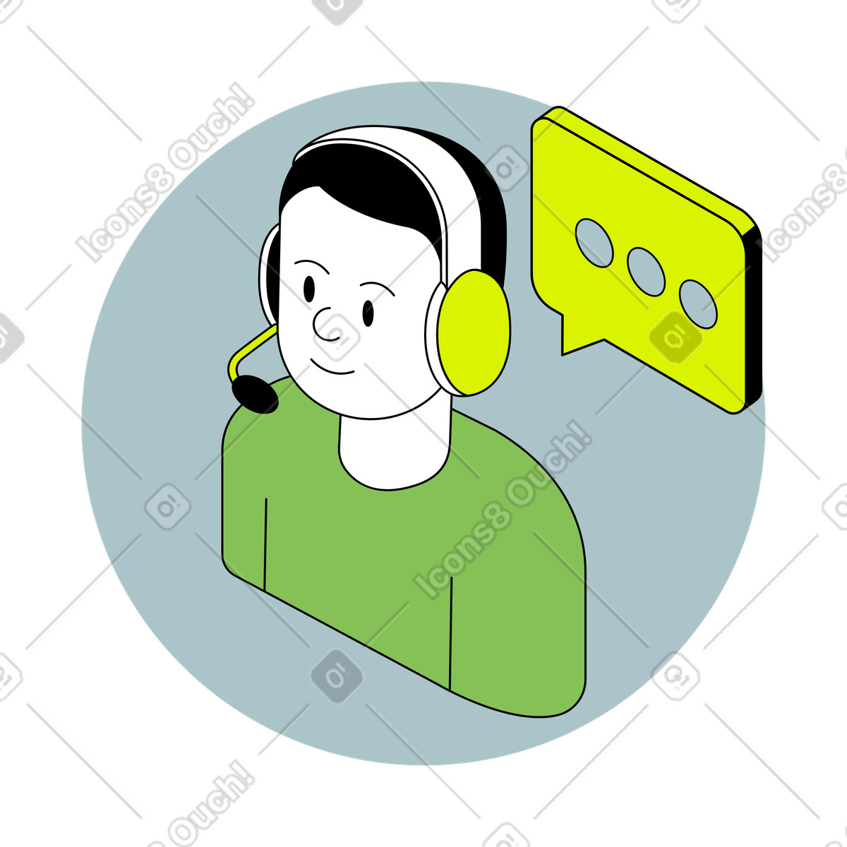 Isometric スタイルの Customer specialist wearing headphones, Online support or live chat のイラストをPNG、SVG形式でダウンロード