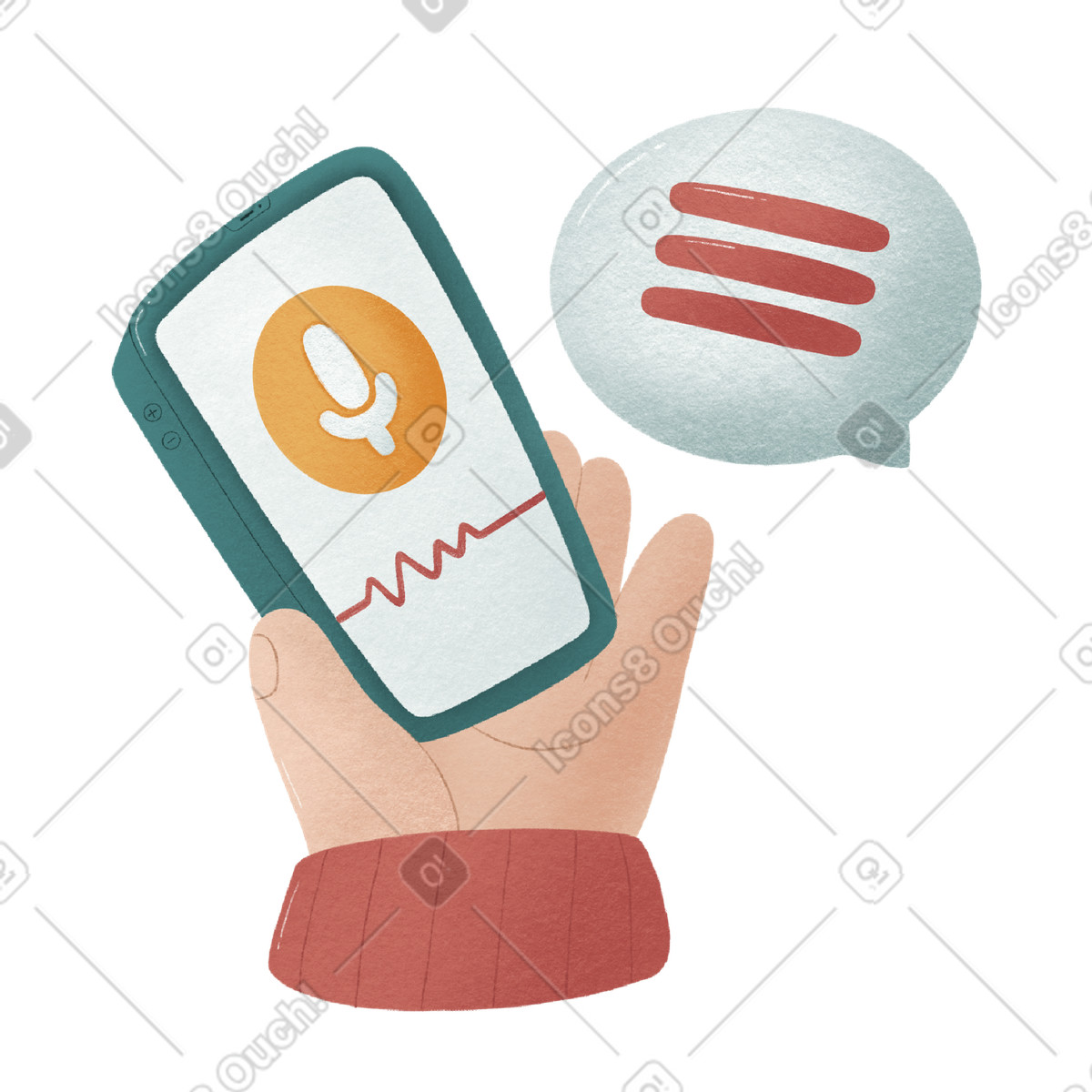 Ilustração de A mão com o telefone grava uma mensagem voz em no estilo Woolly para baixar em PNG, SVG