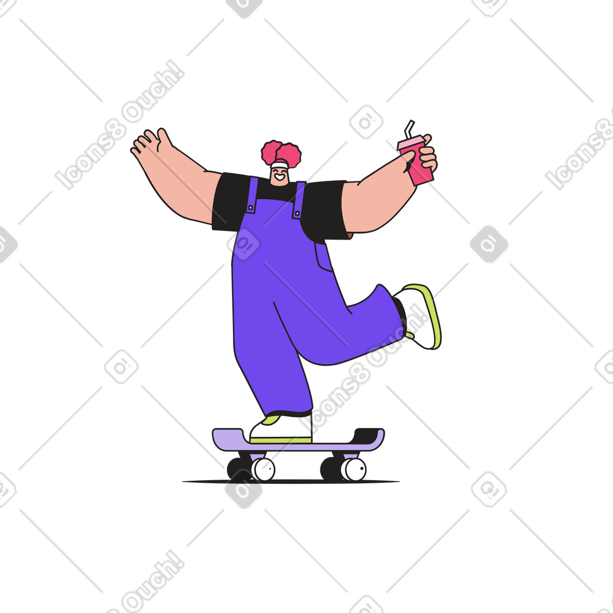 Ragazza con drink sullo skateboard illustrazione animata in stile Dazzle scaricabile in GIF, Lottie (JSON), AE