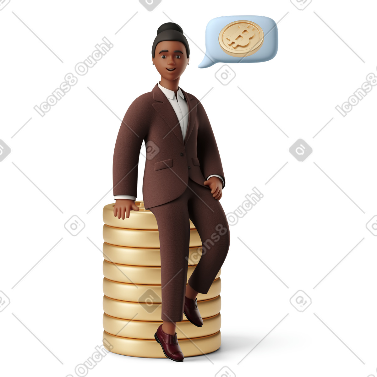 Consulente aziendale donna seduta su una pila di monete illustrazione in stile 3D Business scarica in PNG, SVG