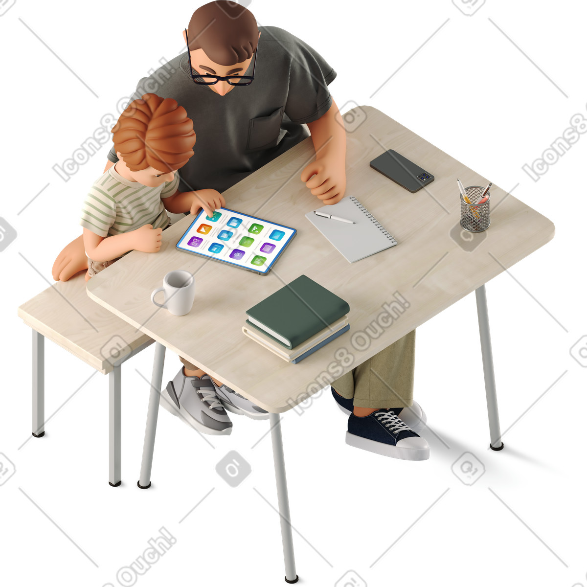 Young man and boy sitting at a desk illustration schoolboy clipart GIF PNG images