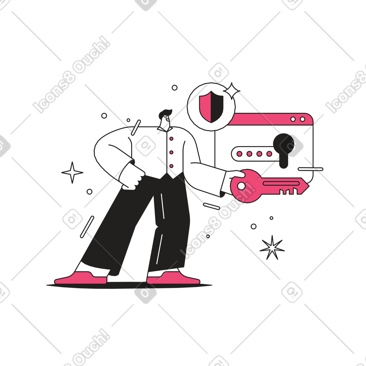 Illustration Guy a la clé des informations sécurisées par mot de passe dans le style Dazzle Line à télécharger aux formats PNG, SVG