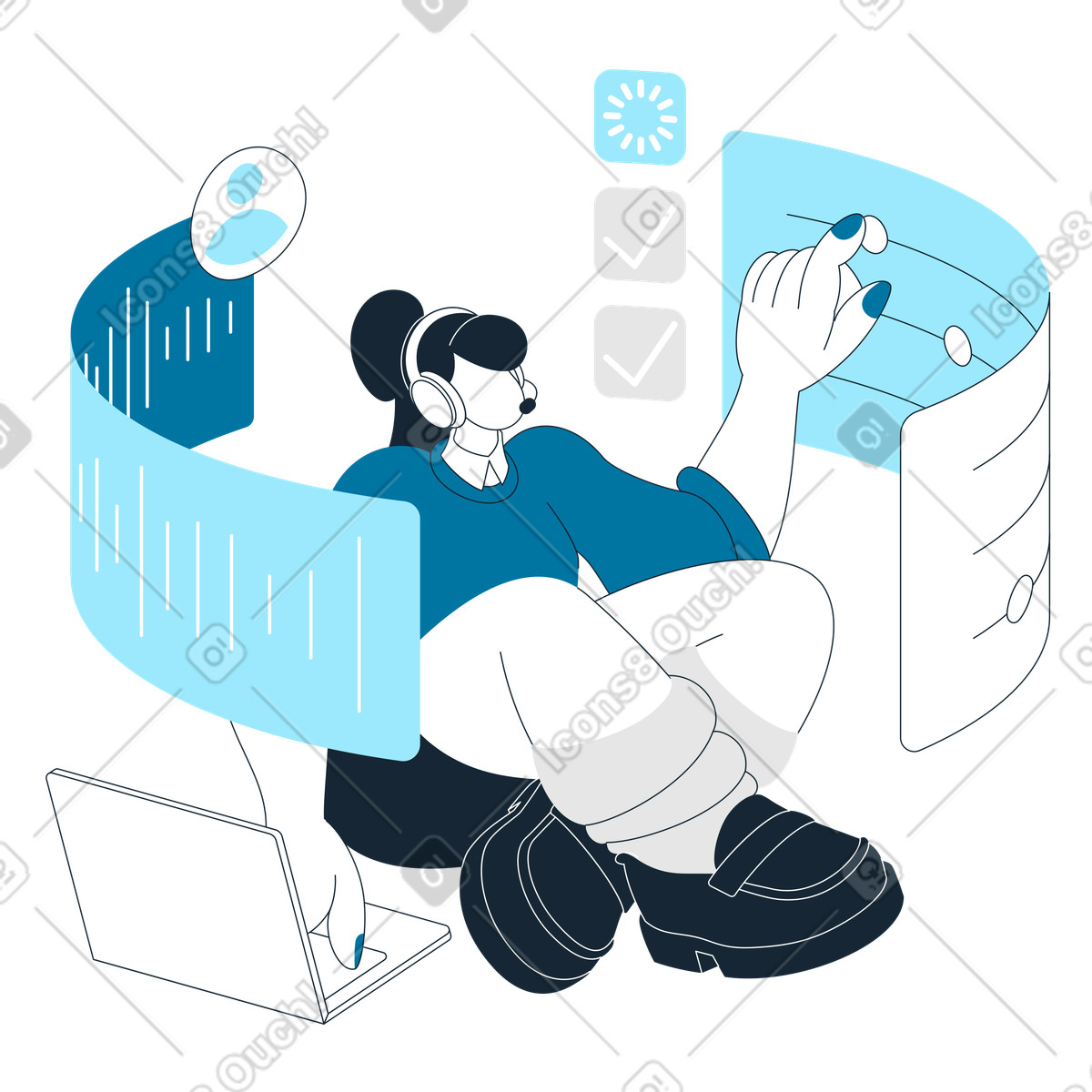 Support agent adjusting settings on virtual interface, Customer service technology illustrazione in stile Indigo scarica in PNG, SVG