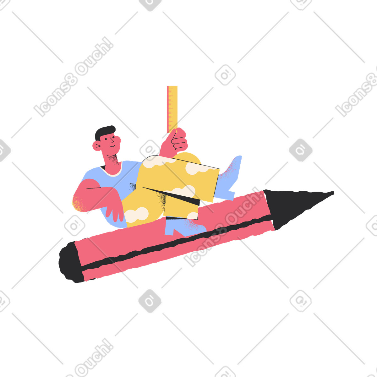 Illustration Homme souriant se balançant sur un gros crayon rouge dans le style Pablo à télécharger aux formats PNG, SVG