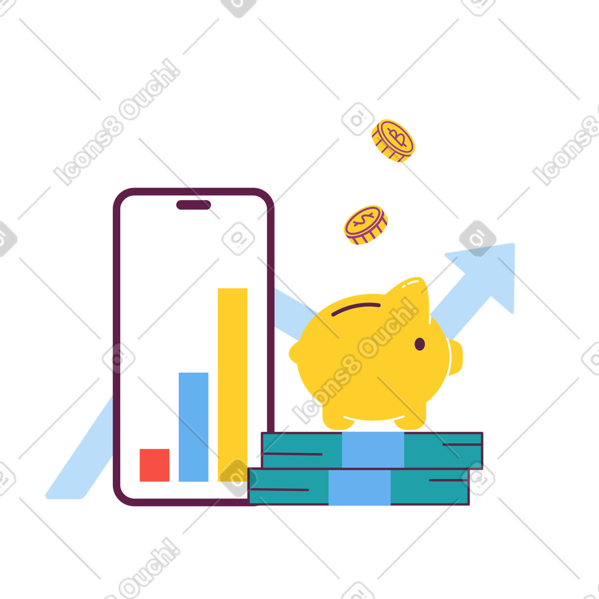 Smartphone mit finanzwachstumsstatistiken und bargeld-Illustration im Sammy-Stil als Download in PNG, SVG