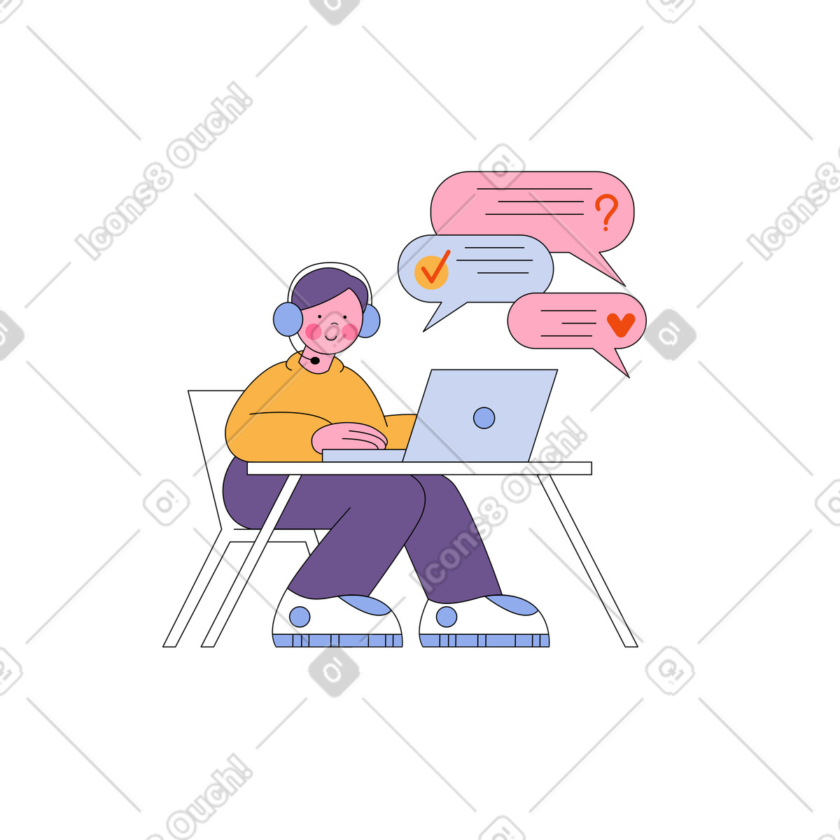 Mann, der online-support über laptop gibt animierte Illustration im Bloom-Stil als Download in GIF, Lottie (JSON), AE