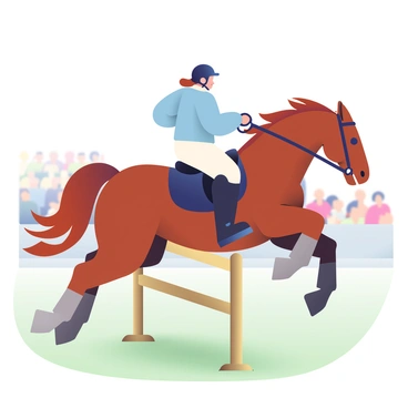 A chestnut horse with a shiny coat is leaping over a wooden hurdle in an equestrian competition. The horse has a well-defined muscular build and a flowing mane that catches the wind. The rider, a woman with light skin, is dressed in a light blue riding jacket and black riding pants. She is wearing a fitted helmet and has her hair tied back in a neat bun. The rider's boots are polished and reflect the sunlight. The background consists of a blurred grassy field and an audience cheering in the distance. The scene conveys a sense of motion as the horse’s hooves are off the ground, and the rider leans forward with determination.