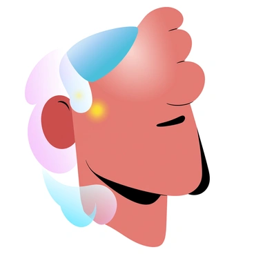 A large abstract face with exaggerated features, such as oversized geometric shapes representing the chin and forehead. The face is filled with vibrant colors, including bold reds, blues, and yellows, blending together in a harmonious manner. The background consists of a gradient of pastel colors, creating a soft contrast with the vivid elements of the face. The overall composition is dynamic, showcasing the striking interplay between the abstract features and the colorful backdrop.