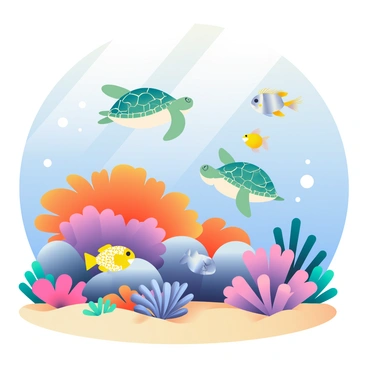 A colorful coral reef is spread across the underwater scene, showcasing a variety of coral formations in shades of orange, purple, and blue. Small fish with bright yellow and electric blue patterns swim in and out of the corals. A sea turtle glides gracefully above the reef, its shell displaying intricate patterns. Nearby, a school of silver fish moves together in harmony, reflecting light as they dart through the water. Anemones with swaying tentacles in vibrant pink and green colors add to the lively atmosphere of the reef. Sunlight filters down through the surface, creating dappled light effects on the sandy sea floor.