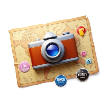 A vintage camera with a leather body and a prominent lens is resting on an old map that features faded geographical details. The map is adorned with various travel stickers, showcasing destinations like Paris, Tokyo, and New York. A soft light illuminates the scene, highlighting the intricate textures of the camera and the crinkled surface of the map. The stickers display colorful designs and retro typography, adding to the nostalgic atmosphere of the composition.