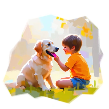 A child with short brown hair is gently petting a dog. The dog, a golden retriever, is sitting on the grass, showcasing a happy expression with its tongue out and tail wagging. The child is smiling, wearing a bright yellow shirt and denim shorts, leaning slightly towards the dog as they connect. Sunlight filters through the trees in the background, adding a warm and inviting atmosphere to the scene.