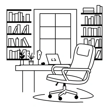 A sunlit study with a large window allowing light to pour in, illuminating the space. A comfortable office chair is placed at a wooden desk, with plush padding and armrests. The wall is lined with tall bookshelves filled with numerous books in various sizes. A small potted plant sits on the desk next to an open notebook and a vintage pen. A soft rug covers the floor, adding to the cozy atmosphere.