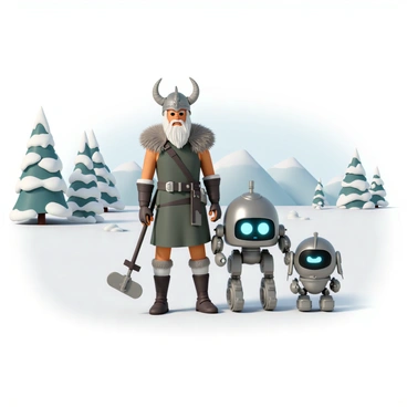 A fierce Viking warrior, clad in a detailed fur-lined armor and a horned helmet, stands confidently in the foreground. He wields a large, intricately designed axe, and his braided beard flows in the cold wind. Next to him are two friendly robots, one with a shiny metallic surface and glowing blue eyes, and the other with a more rugged appearance and a warm smile, both equipped with tools and gadgets. In the background, a snowy Nordic landscape stretches far and wide, adorned with tall pine trees heavy with snow, distant mountains, and a pale blue sky. The scene captures a sense of camaraderie between the Viking and the robots as they prepare to embark on an adventure together.